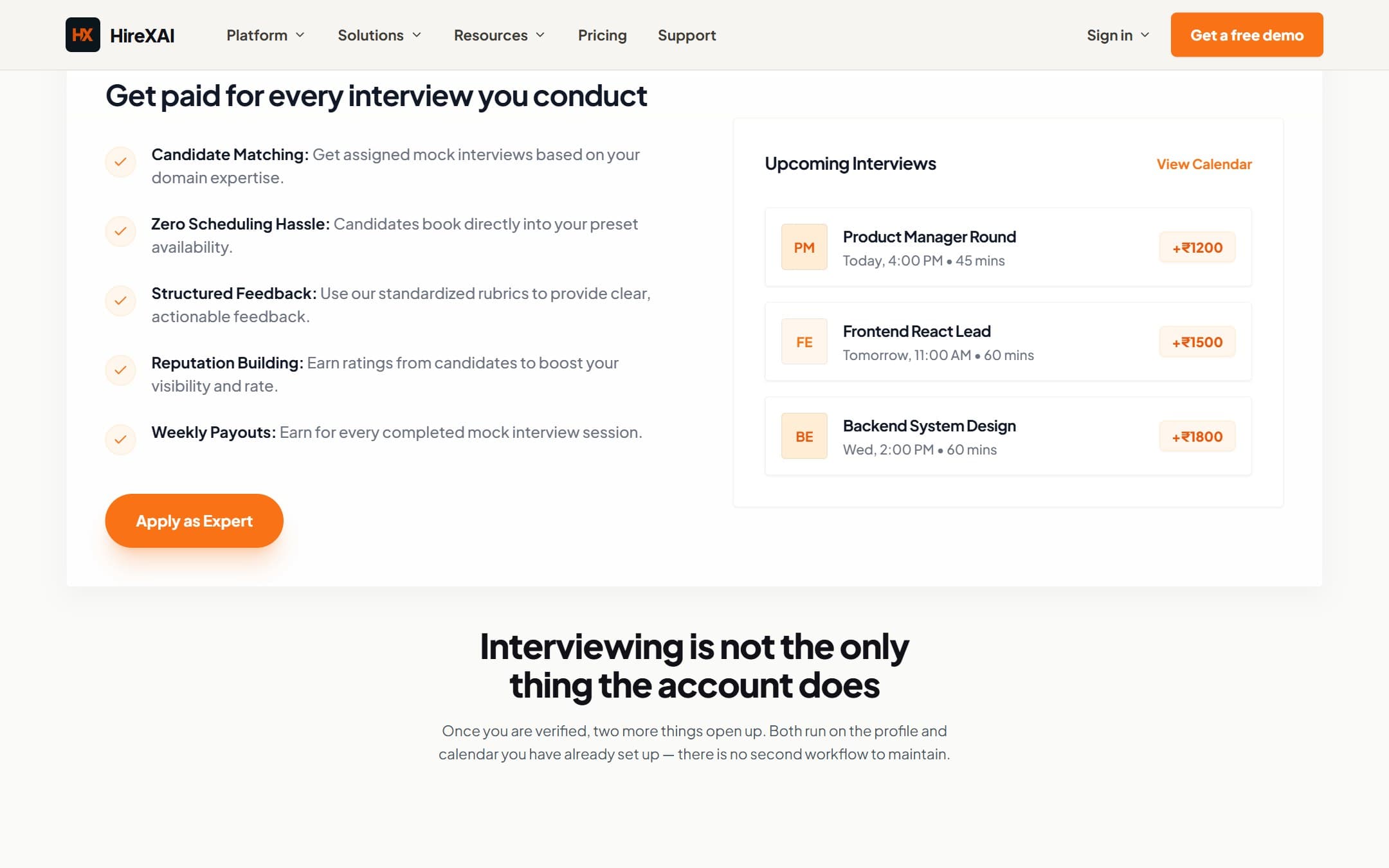 HireXAI expert dashboard: upcoming paid interviews and weekly payouts
