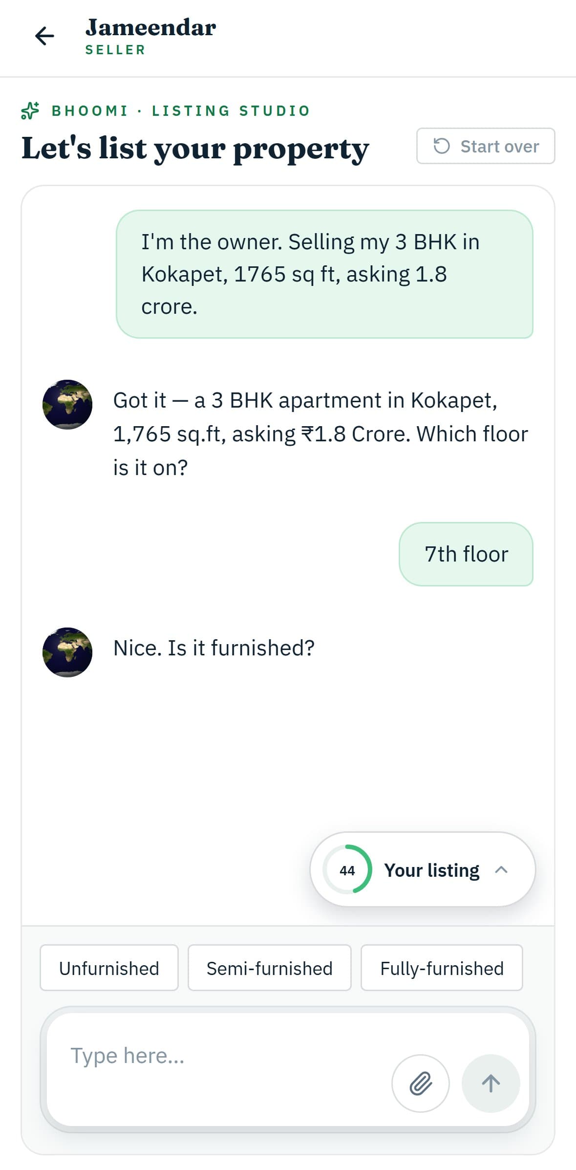Jameendar app: Listing Studio chat with quick-reply chips