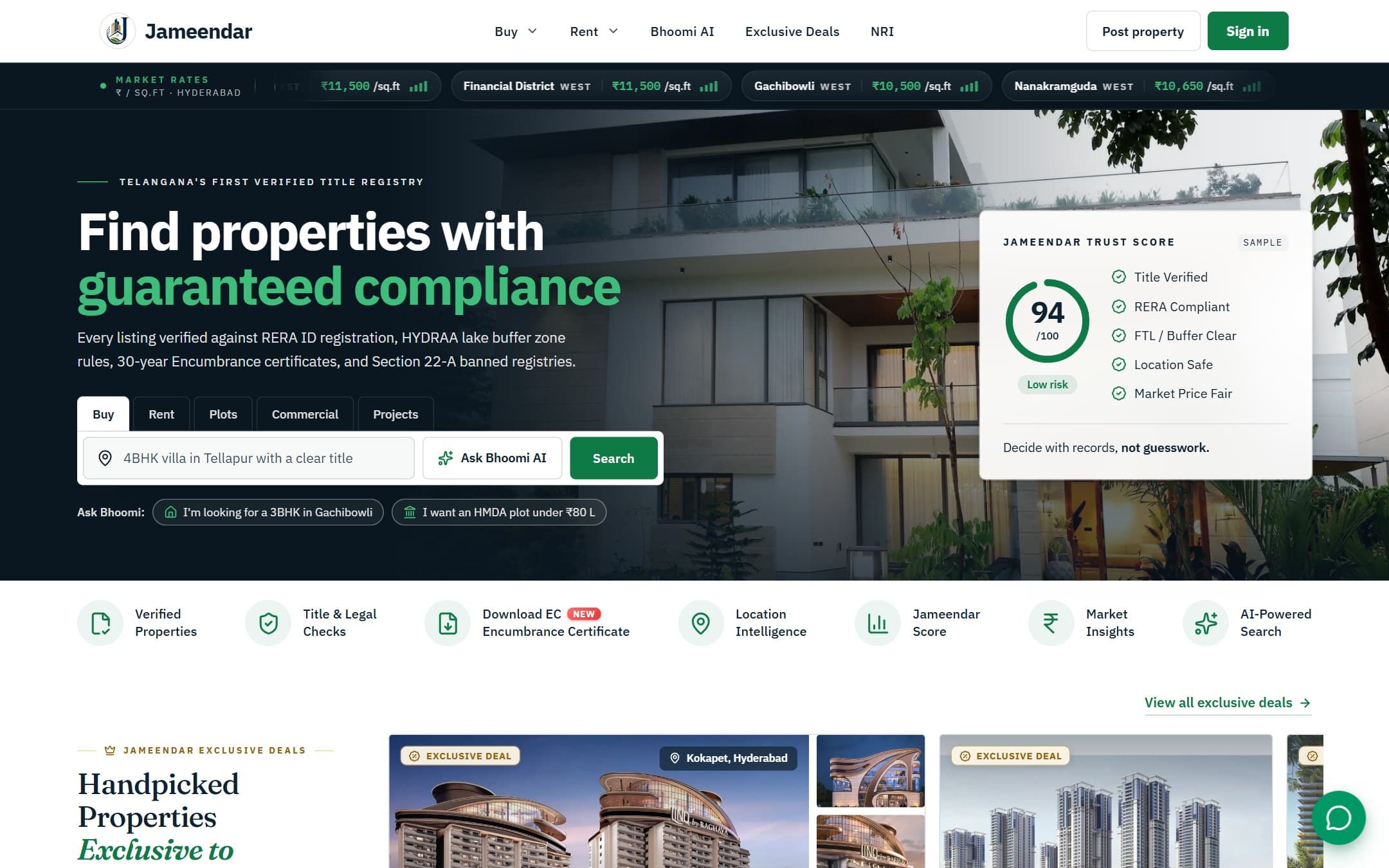 Jameendar home page with verified-property search and the Jameendar Trust Score