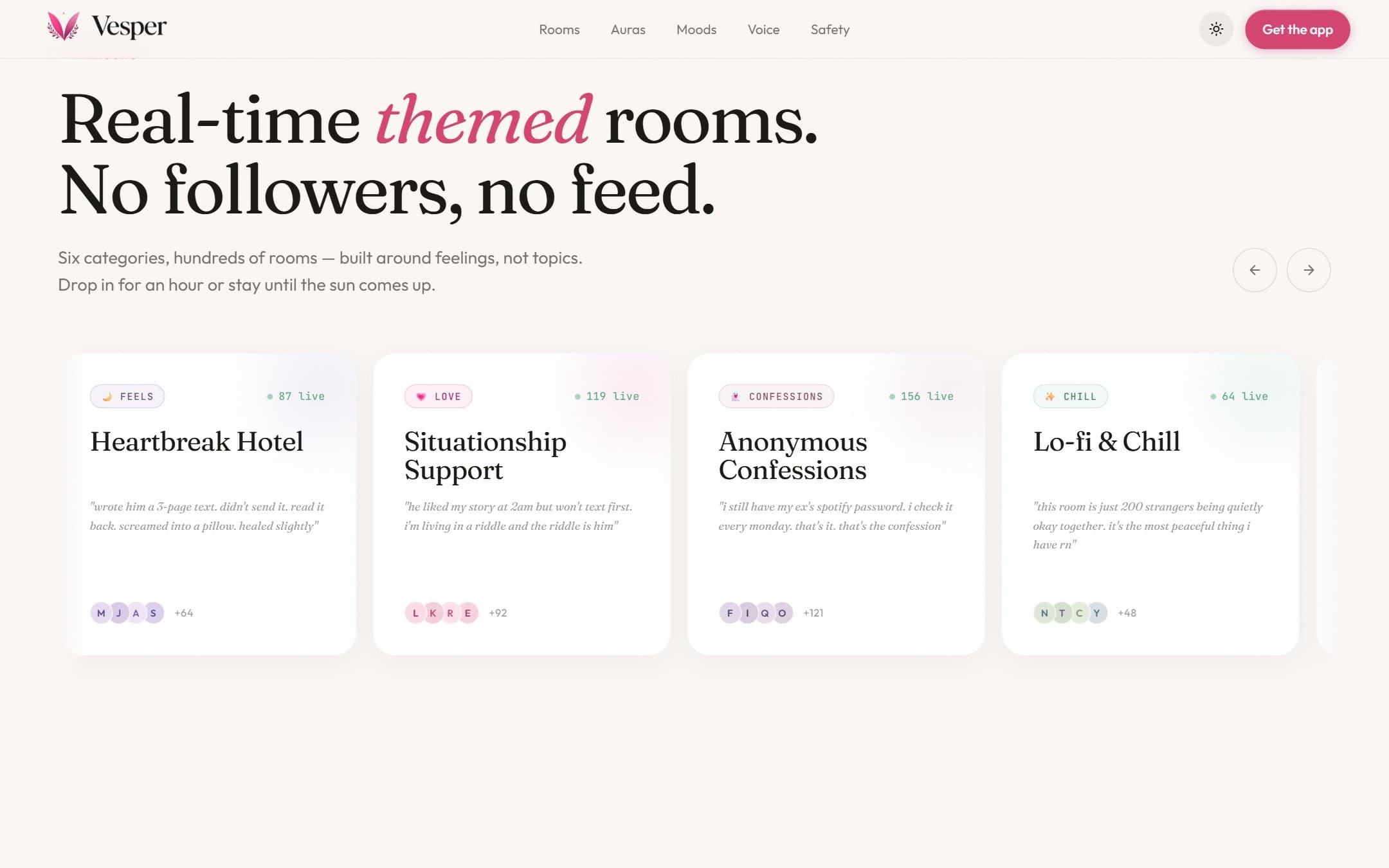 Vesper themed rooms: Heartbreak Hotel, Situationship Support, Anonymous Confessions, Lo-fi & Chill