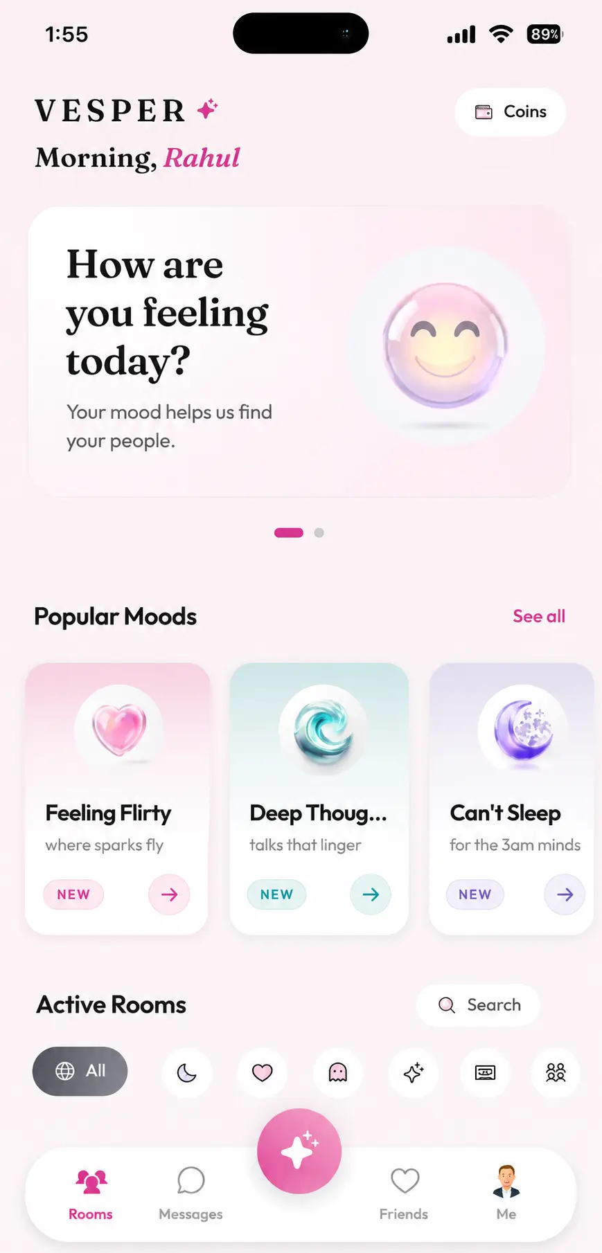 Vesper home: how are you feeling today, popular moods and active rooms